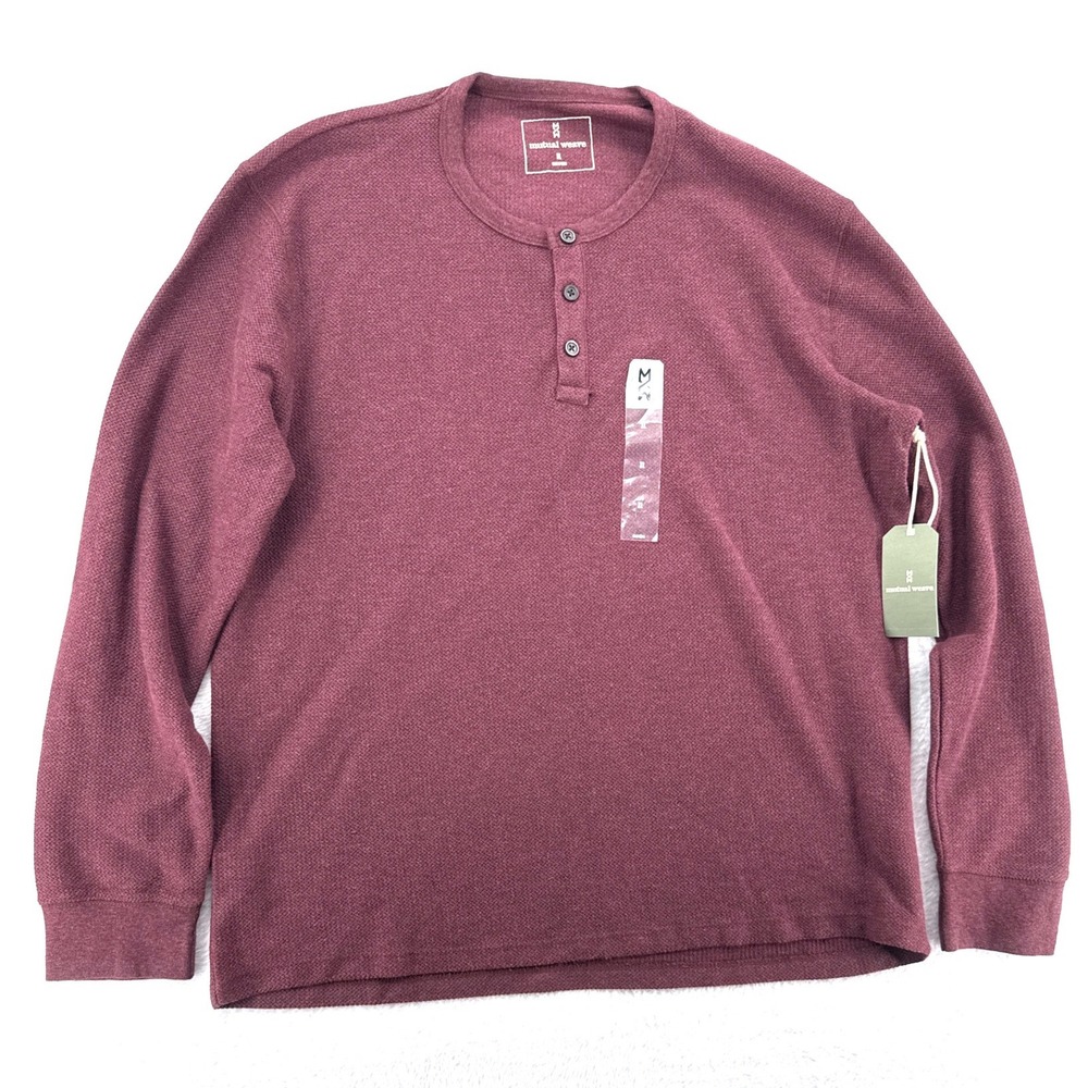 Mutual Weave Mens Henley XL Burgundy Long Sleeve Waffle Knit Shirt NWT
